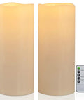 Waterproof Outdoor Flameless Pillar Candles 10x5 Inch Battery Operated LED With Remote And Timer Flickering Ivory White Set Of 2
