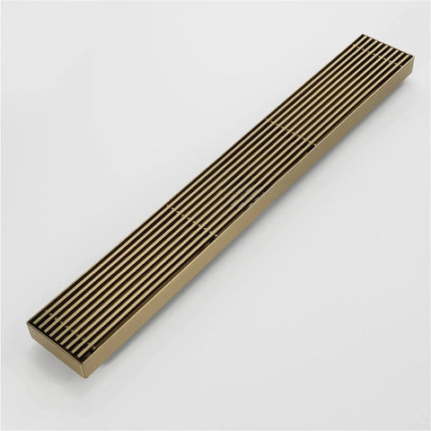 Real Deal Linear Shower Drain In Toughened Stainless Steel With Removable Hair Catcher Grate Rapid Drain Design For Bathroom Floors No Sweat Cleaning And Green Bronze Finish, top view, sleek long design.