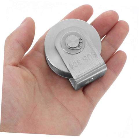 Stainless Steel Pulley Wheel Built Tough Heavy Duty Wire Rope Pulley For Sliding Doors And Rigging held in hand showing size.