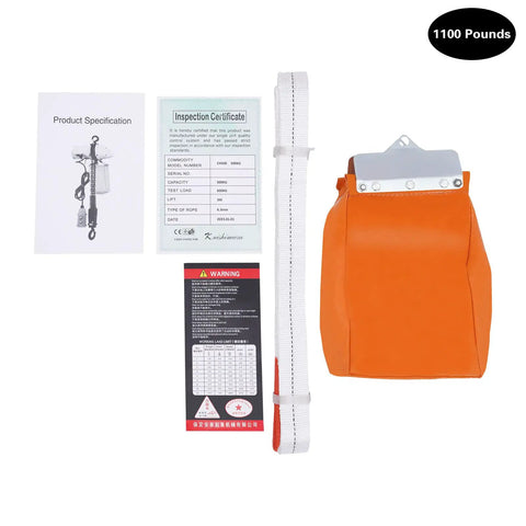 Heavy Duty Electric Chain Hoist 1100 Lb Capacity Rock Solid Aluminum Body and Steel Hook for Smooth Lifting, includes specs and warnings.