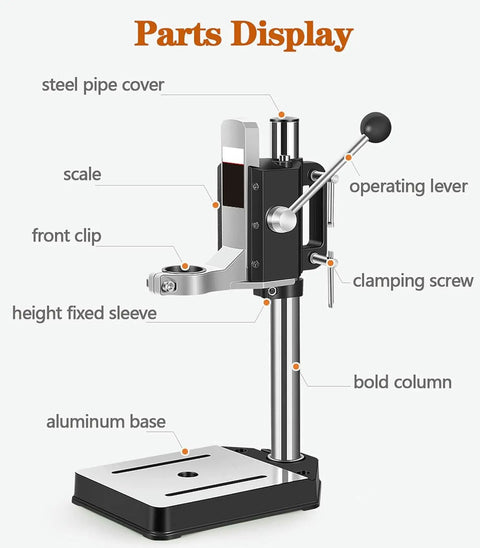 Parts display of Sturdy Drill Press Stand Bench Top With Vise for Hand Drill; aluminum alloy base; adjustable benchtop holder