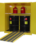 Heavy Duty Flammable Storage Cabinet With Twin Self Closing Doors And One Shelf Holds Two Drums, featuring yellow exterior and red gas cans.