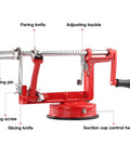 Heavy Duty Apple Peeler Corer Slicer With Hella Tough Stainless Steel Blades and Killer Chrome Construction For Apples And Potatoes with red suction base.
