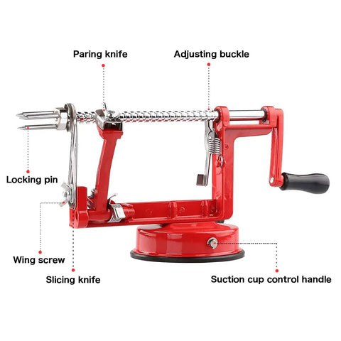 Heavy Duty Apple Peeler Corer Slicer With Hella Tough Stainless Steel Blades and Killer Chrome Construction For Apples And Potatoes with red suction base.
