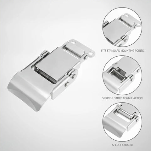 Stainless Steel Toggle Latch For Toolboxes And Storage Cases With Easy Pull To Lock Design shown with spring-loaded toggle action