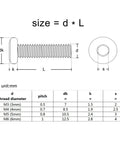 Technical drawing of 304 Stainless Steel Flat Hex Socket Head Bolts Set for Furniture and DIY Projects M2 Through M8 sizes chart