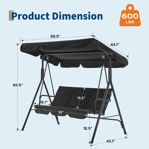 Diagram of Three Seat Outdoor Porch Swing With Adjustable Canopy, Breathable Cushioned Seat And Back, Comfy Armrests, Heavy Duty Frame, 600 Lb Capacity, Perfect For Patio Hangouts, Backyard Or Garden, Black, with dimensions.