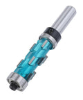 Premium Carbide Double Bearing Spiral Flush Trim Router Bit For Woodworking Pros 1/2 Inch Shank shown with a blue finish and metal bearings.