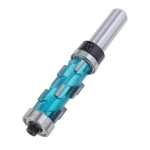 Premium Carbide Double Bearing Spiral Flush Trim Router Bit For Woodworking Pros 1/2 Inch Shank shown with a blue finish and metal bearings.