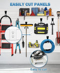 Durable PVC Slatwall Panel Set For Garage And Workshop, 6 Pieces, installed with tools and equipment on display, white.