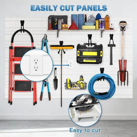 Durable PVC Slatwall Panel Set For Garage And Workshop, 6 Pieces, installed with tools and equipment on display, white.