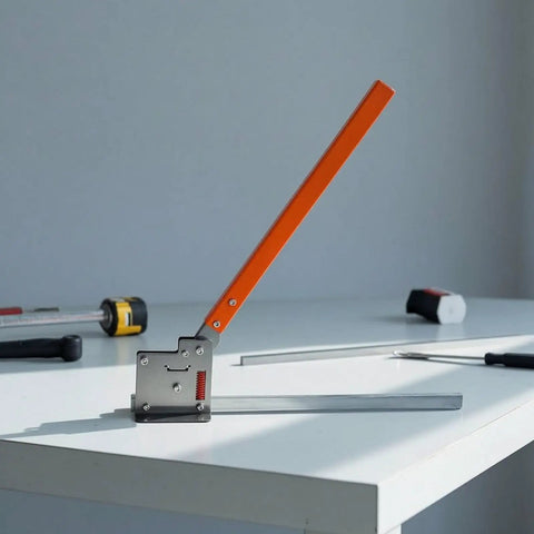 Manual Rail Cutter Tool Hand Operated Bench Mount Compact Heavy Duty Metal Rail Cutter with easy lever on white workbench