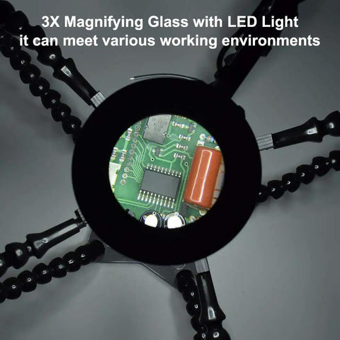 Five Flexible Soldering Helping Hands With 3X Magnifying Glasses, Third Arm Tool showing magnified circuit board