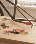 Cool CRV Alloy Steel Hex Key Wrench Toolkit, Three Piece Color Coded Set For Assembly And Repair, Rock Solid Durability To Handle Heavy Duties With Ease. Color-coded hex key set on wood table for bicycle assembly.