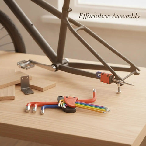 Cool CRV Alloy Steel Hex Key Wrench Toolkit, Three Piece Color Coded Set For Assembly And Repair, Rock Solid Durability To Handle Heavy Duties With Ease. Color-coded hex key set on wood table for bicycle assembly.