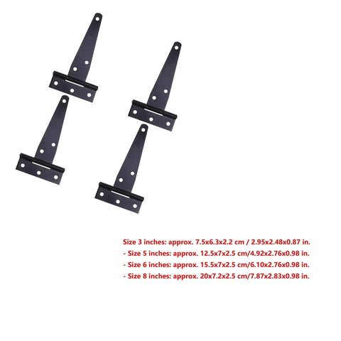 Heavy Duty Black T Hinges For Doors And Gates 8 Inch Built Tough Iron Door Hinge Set with sizes, showing four hinges.