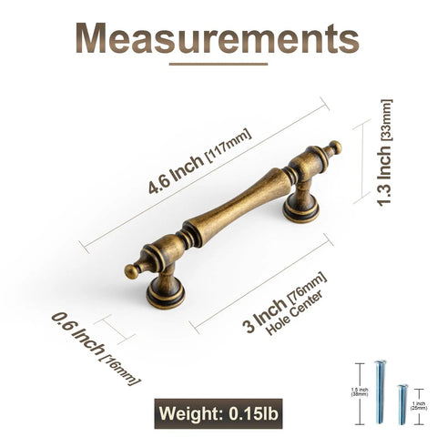Antique Brass Cabinet Pulls 3 Inch Hole Center Solid Retro Drawer Handles, 6 Pack, Premium Dresser Hardware with Measurements