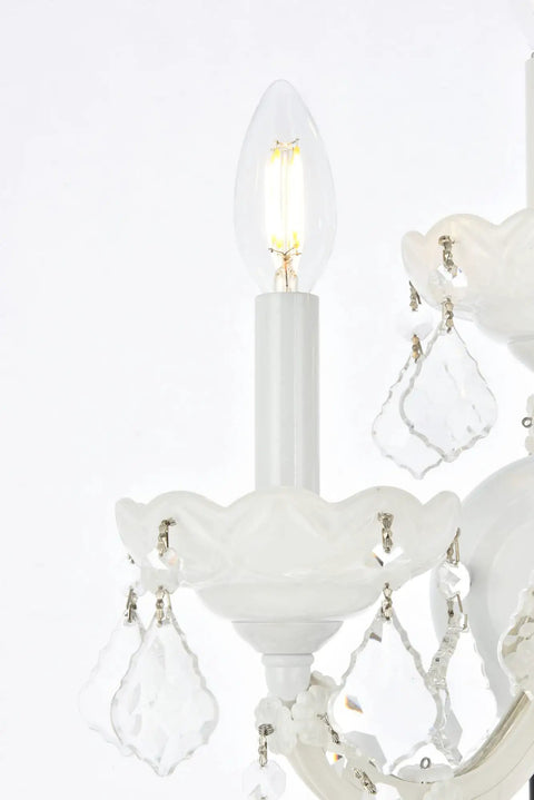 Close-up of Royal Cut Clear Maria Theresa 3 Light Crystal Wall Sconce in Chrome Finish with candelabra bulb and crystals