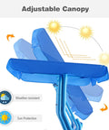 2 Seat Kids Patio Swing For Outdoor Fun And Chill With Adjustable Canopy And Safety Belt All Weather Waterproof Hanging Bench For Garden Balcony Or Poolside Cozy Two Person Swing Seat, showing adjustable blue canopy with sun protection features.