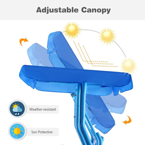 2 Seat Kids Patio Swing For Outdoor Fun And Chill With Adjustable Canopy And Safety Belt All Weather Waterproof Hanging Bench For Garden Balcony Or Poolside Cozy Two Person Swing Seat, showing adjustable blue canopy with sun protection features.