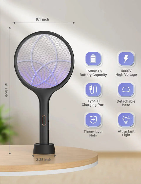 Electric Fly Swatter 4000V Bug Zapper Racket With Dual Modes And Rechargeable Battery Indoor Outdoor Mosquito Killer