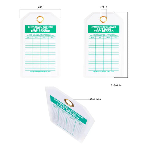 Heavy Duty Emergency Shower And Eye Wash Test Record Tags displayed at various angles, solid brass grommets, size 3x5-3/4 inches.