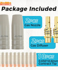 Complete 14 Piece MIG Welding Tips Kit With Non Stick Coating For Slag Protection, Includes 10 x 0.8mm Contact Tips, 2 Gas Nozzles, 2 Gas Diffusers, Compatible With MB15 And 15AK MIG Weld Gun, KP1939-1 Replacement package contents