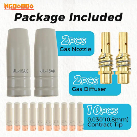 Complete 14 Piece MIG Welding Tips Kit With Non Stick Coating For Slag Protection, Includes 10 x 0.8mm Contact Tips, 2 Gas Nozzles, 2 Gas Diffusers, Compatible With MB15 And 15AK MIG Weld Gun, KP1939-1 Replacement package contents
