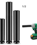 Knockout Heavy Duty Impact Sockets One Half Inch Drive 200mm Long Deep Hex Sockets For Electric Wrenches, sizes displayed.