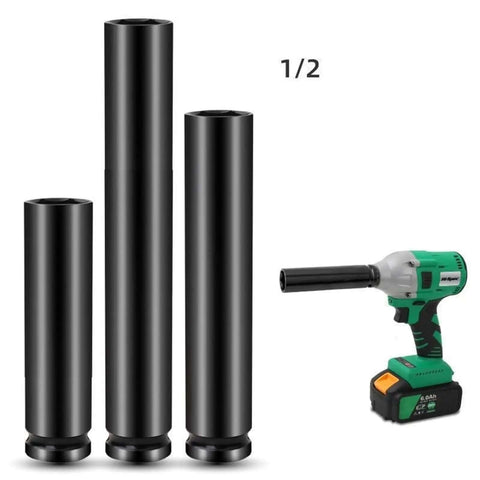 Knockout Heavy Duty Impact Sockets One Half Inch Drive 200mm Long Deep Hex Sockets For Electric Wrenches, sizes displayed.