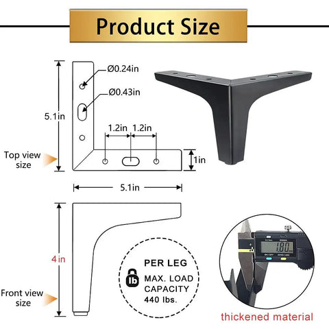 Diagram of 4 Inch Metal Furniture Legs Black Set Of 4 Heavy Duty Modern Style Replacement Sofa Feet with size dimensions
