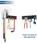 Multi-functional storage rack holding garden tools and power tools on a wall, showcasing versatility and organization.