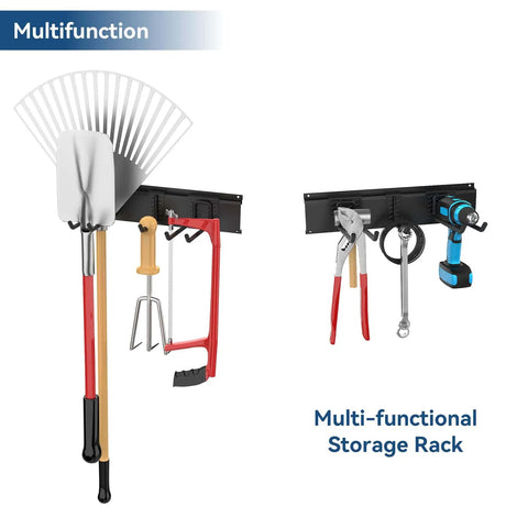 Multi-functional storage rack holding garden tools and power tools on a wall, showcasing versatility and organization.