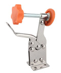 Vertical Toggle Clamp in Stainless Steel side view with orange grip for woodworking and cabinetry, heavy-duty tool, precise clamping.