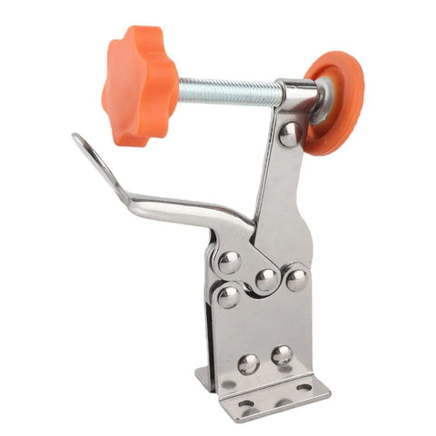 Vertical Toggle Clamp in Stainless Steel side view with orange grip for woodworking and cabinetry, heavy-duty tool, precise clamping.