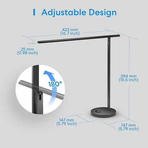 Diagram showing size and adjustable arm of Sleek Metal Smart LED Desk Lamp with WiFi and Voice Control HomeKit Alexa and Google Home Compatibility.