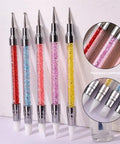 Pro Grade Dual Ended Nail Art Tool Set with five dual-ended pens featuring acrylic rhinestone handles and silicone tips.