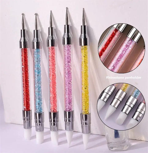 Pro Grade Dual Ended Nail Art Tool Set with five dual-ended pens featuring acrylic rhinestone handles and silicone tips.