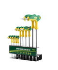 Top Notch T Handle Metric Hex Key Set With Nifty Storage Rack For Tough DIY Chores And Vehicle Maintenance That Keeps Tools Organized And Ready To Roll. 10-piece T-handle Torx key set on rack, steel shafts, green-yellow grips, sizes T9-T50