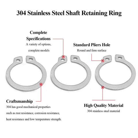 Image of 304 Stainless External Circlip Ring with material details and features.