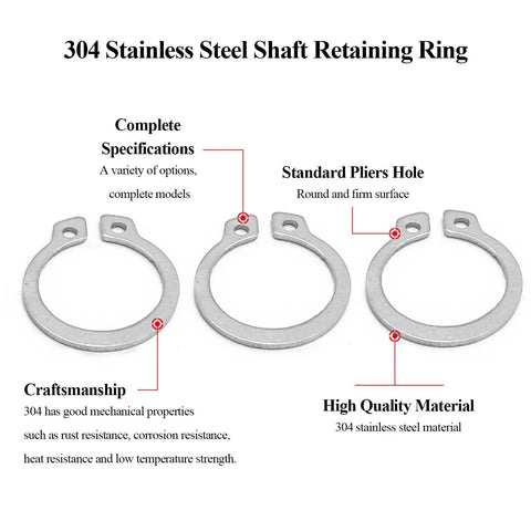 Top Shelf 304 Stainless Steel External Retaining Rings 100 Pack Heavy Duty Shaft Snap Clips, showing three circlips detail.
