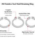 External Circlips C Clip Retaining Snap Rings 304 Stainless Steel For Axles Shafts And Other Moving Parts DIY Friendly Heavy Duty 50 Pcs Size 21mm 22mm 23mm 24mm 25mm, showing three rings with specification notes.