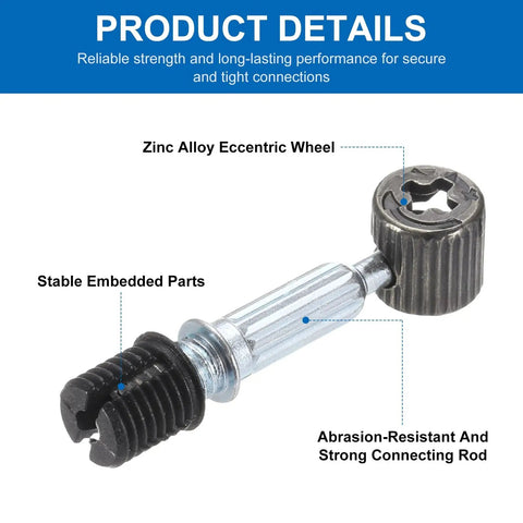 Zinc alloy eccentric wheel with stable embedded parts, part of Badass 25 Piece Furniture Connector Kit for DIY woodwork projects.