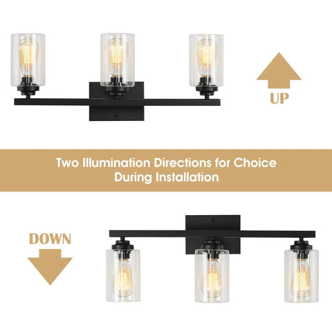 Black 3 Light Vanity Wall Sconce With Clear Glass Shades Vintage Industrial Vibe Over Mirror Lighting in two orientations