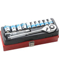 Real Deal 12 Piece Torque Wrench Set With 1/2 Inch Drive Metric Hex Sockets And Adjustable Spanner Kit in a compact storage case.