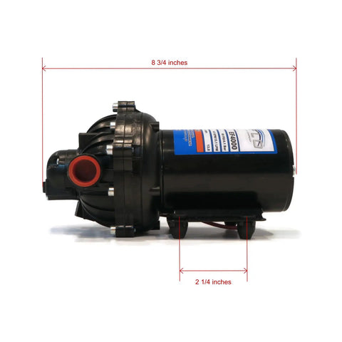 Rock Solid 12 Volt Diaphragm Pump Cracking Out Four Gpm for zero sweat fluid moving, measures 8.75" x 2.25".