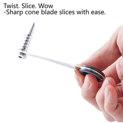 Hand holding Awesome 2 Piece Spiral Cutter And V Shape Carving Tool Set For Potatoes Cucumbers Carrots And Fruit Stainless Steel Piranha Style Tools