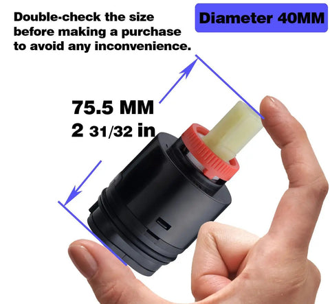 Hand holding 40mm Shower Cartridge Replacement For Tub And Shower Faucets Black 2.97 Inch Tall 1.58 Inch Wide Ceramic Disc