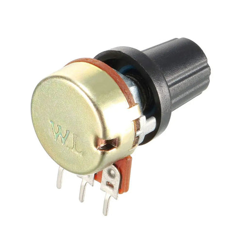 Close-up of Five Pack 10K Ohm Variable Resistors, Single Turn Rotary Potentiometers With Carbon Film Taper, Knobs Included for audio gear.