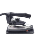 Heavy Duty Workhorse Gravity Feed Steam Iron With Hefty 3L Reservoir And Slick Nonstick Soleplate shown from the side for commercial use.